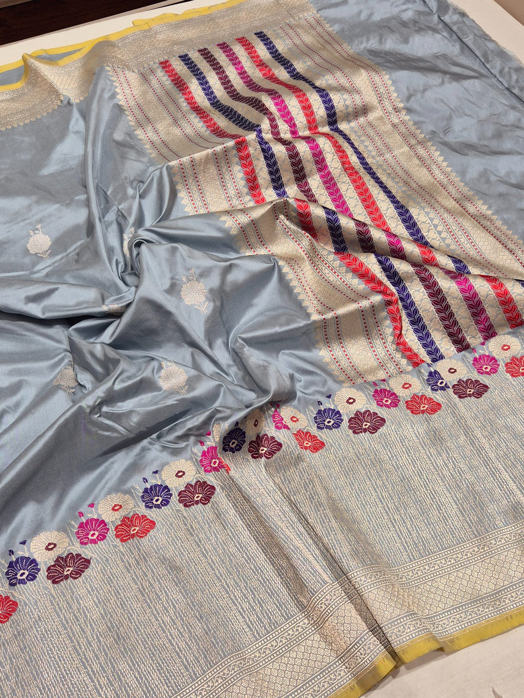 Powder Blue Katan Silk Banarasi saree pallu detail