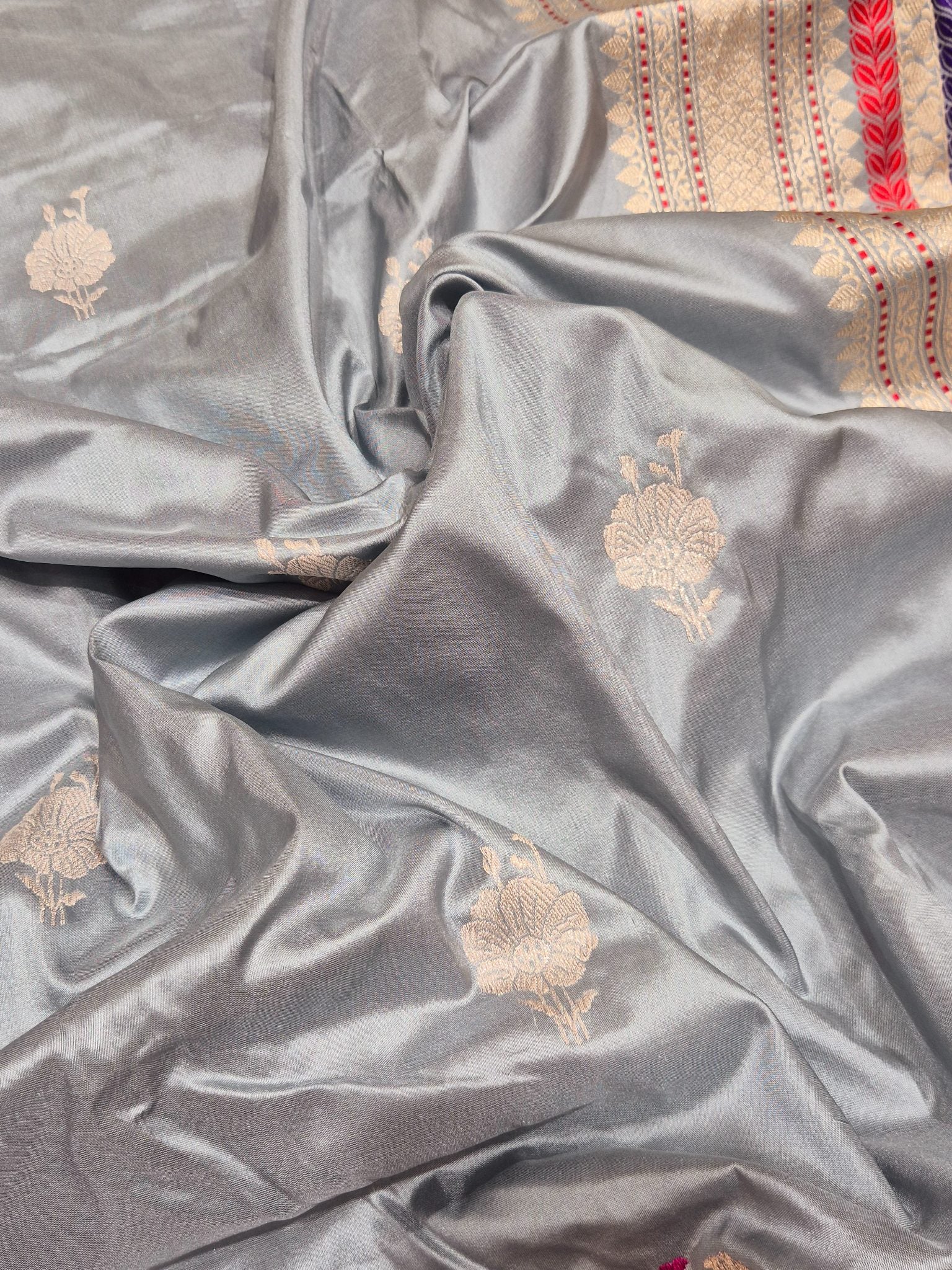 Powder Blue Katan Silk Banarasi saree border closeup