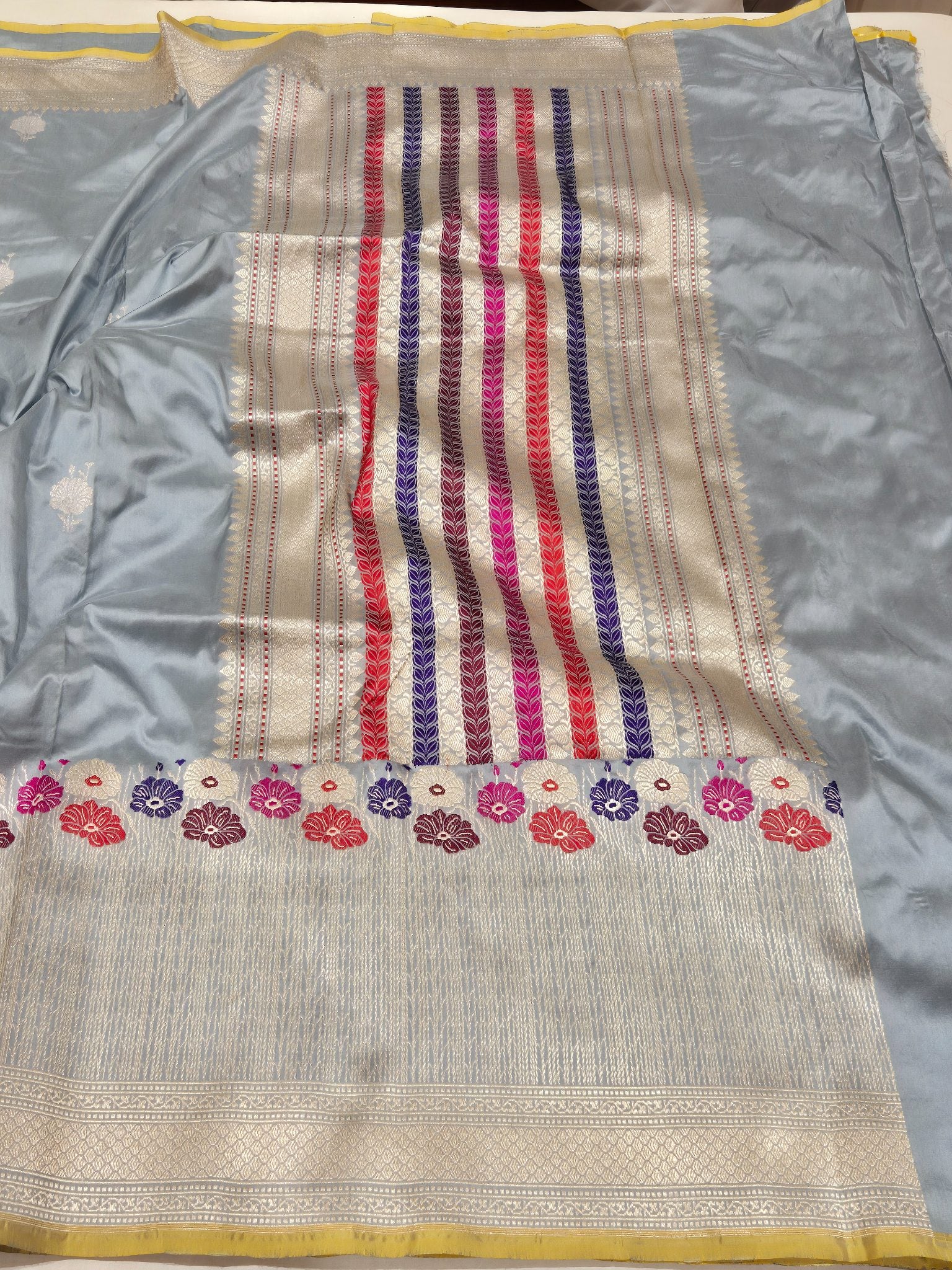 Powder Blue Katan Silk Banarasi saree full spread