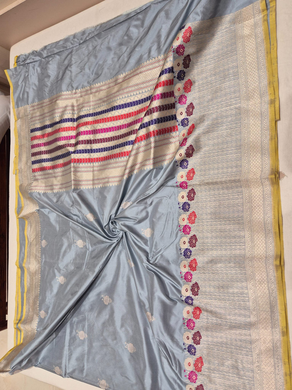 Powder Blue Katan Silk Banarasi saree zari work detail