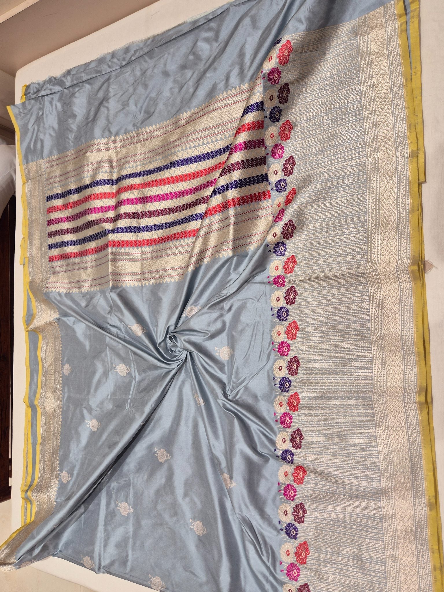 Powder Blue Katan Silk Banarasi saree zari work detail
