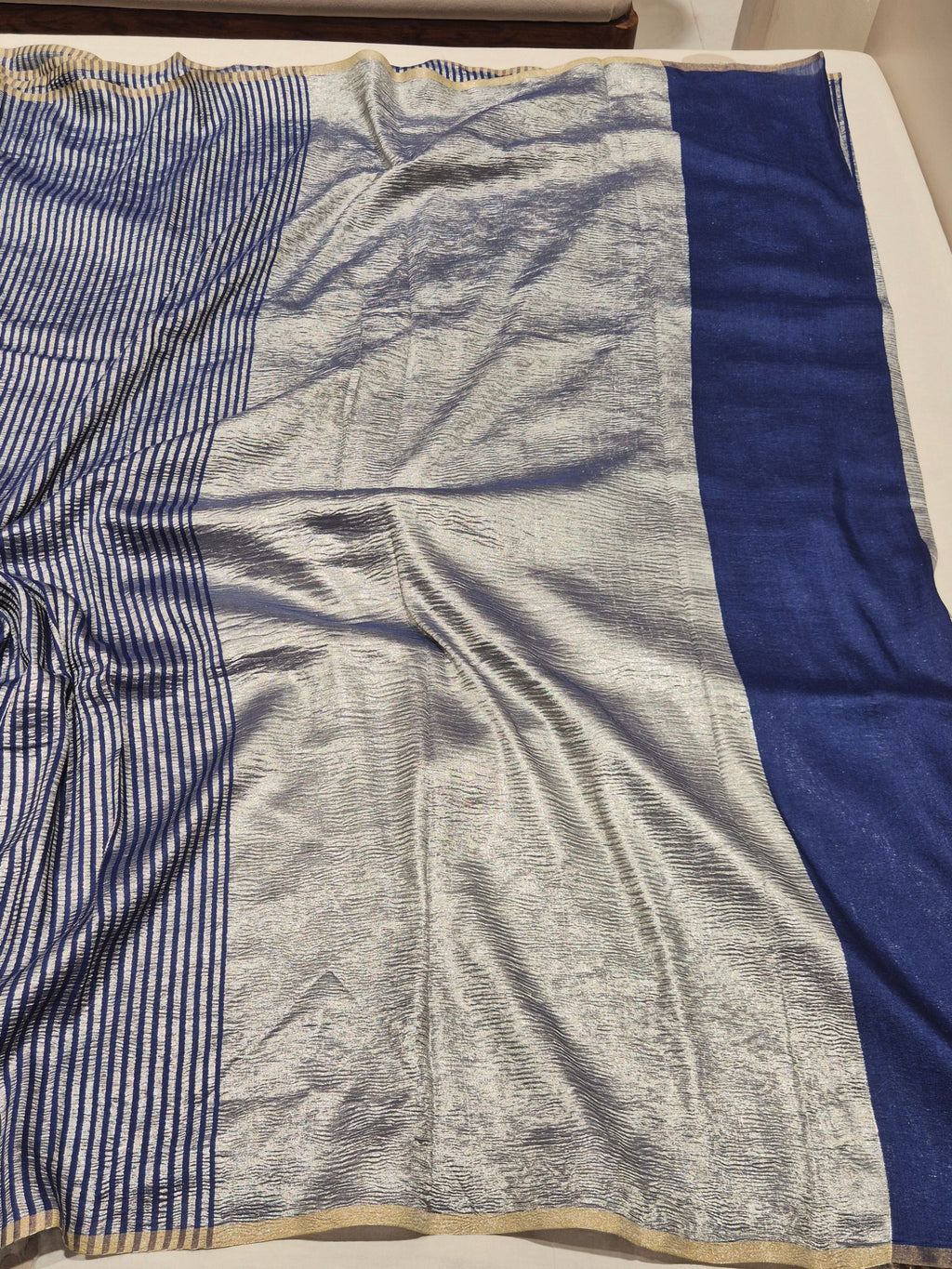 Peacock Blue Moonga Silk Banarasi saree full spread