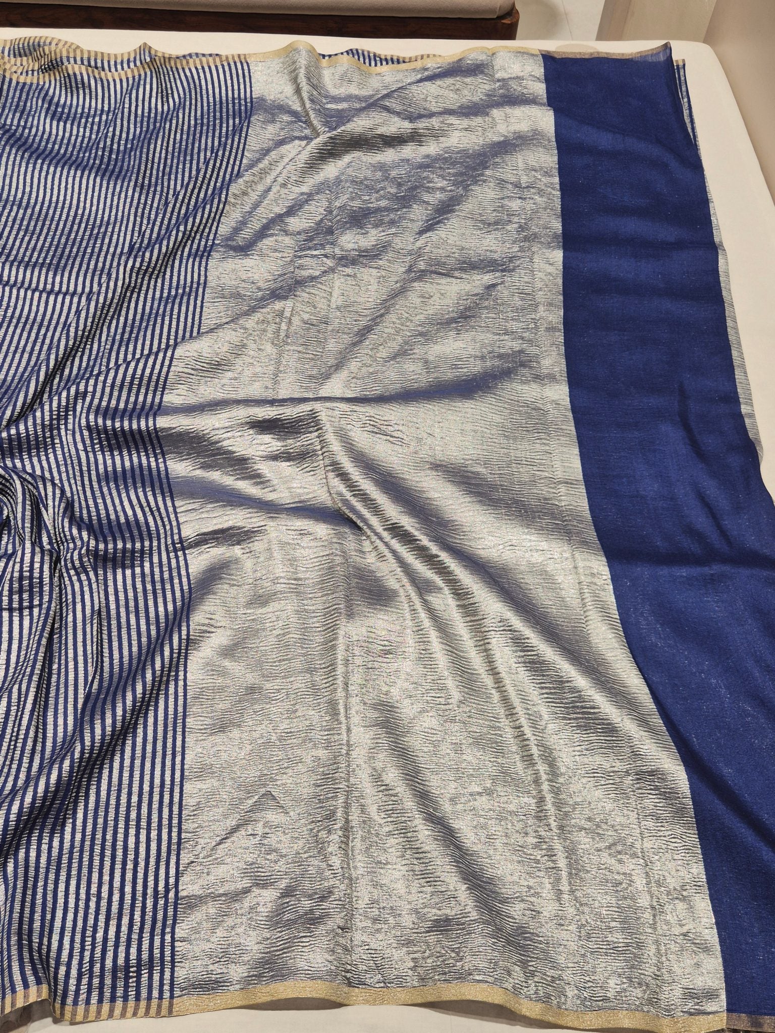 Peacock Blue Moonga Silk Banarasi saree full spread