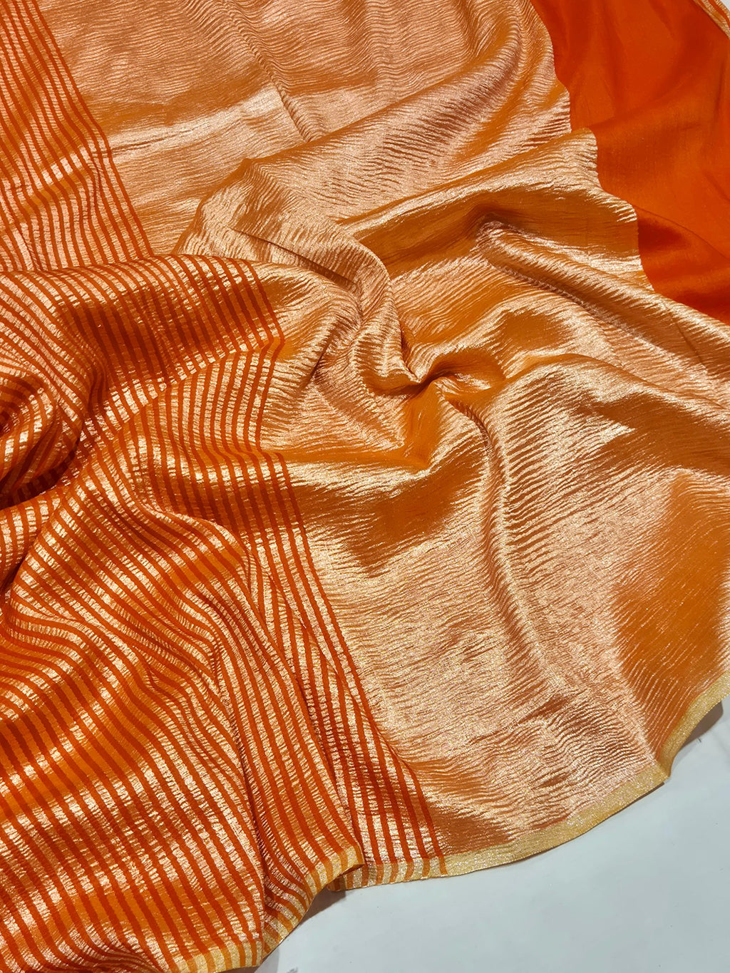 Orange Moonga Silk Banarasi saree front drape view