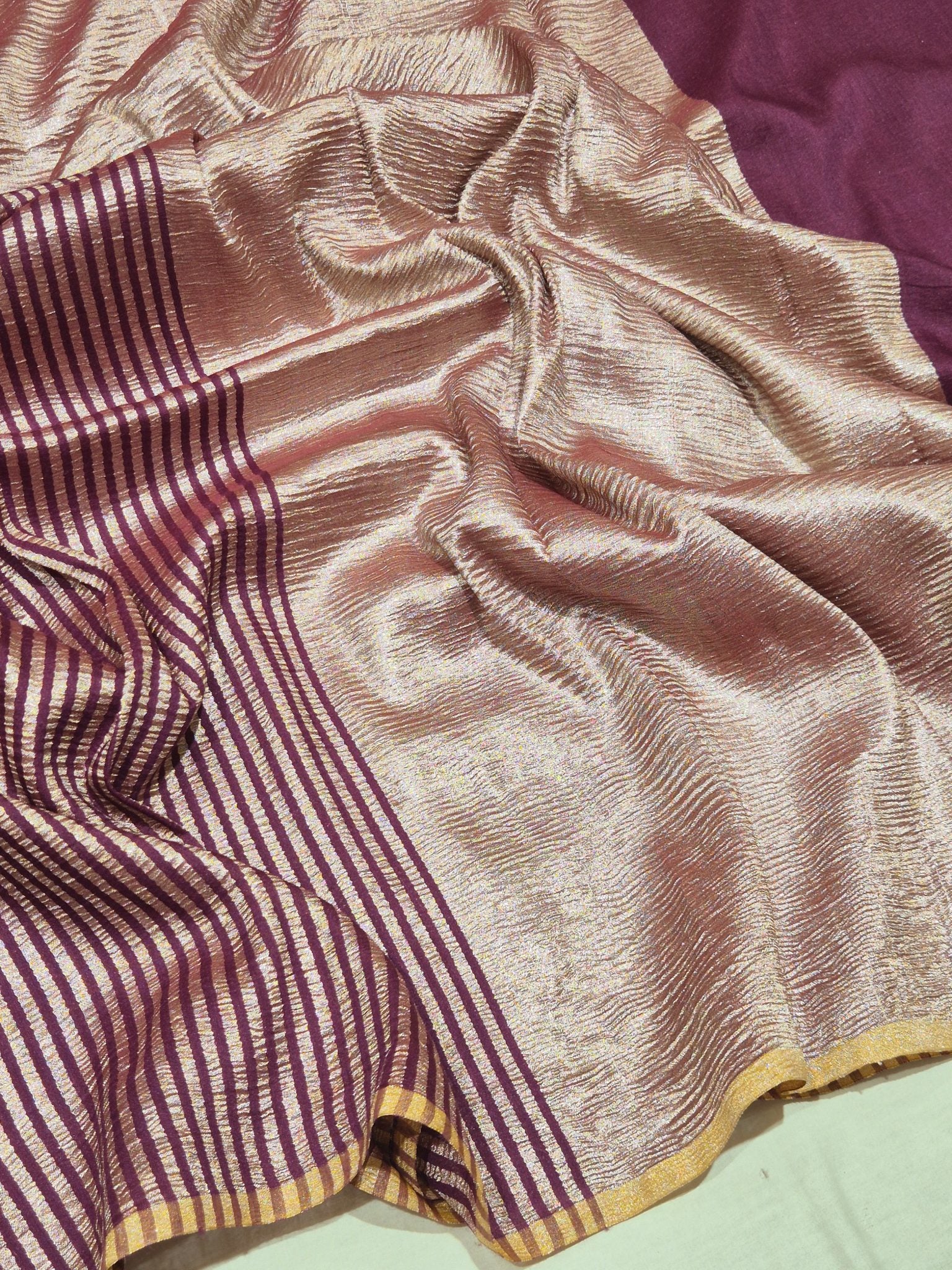 Plum Moonga Silk Banarasi saree front drape view