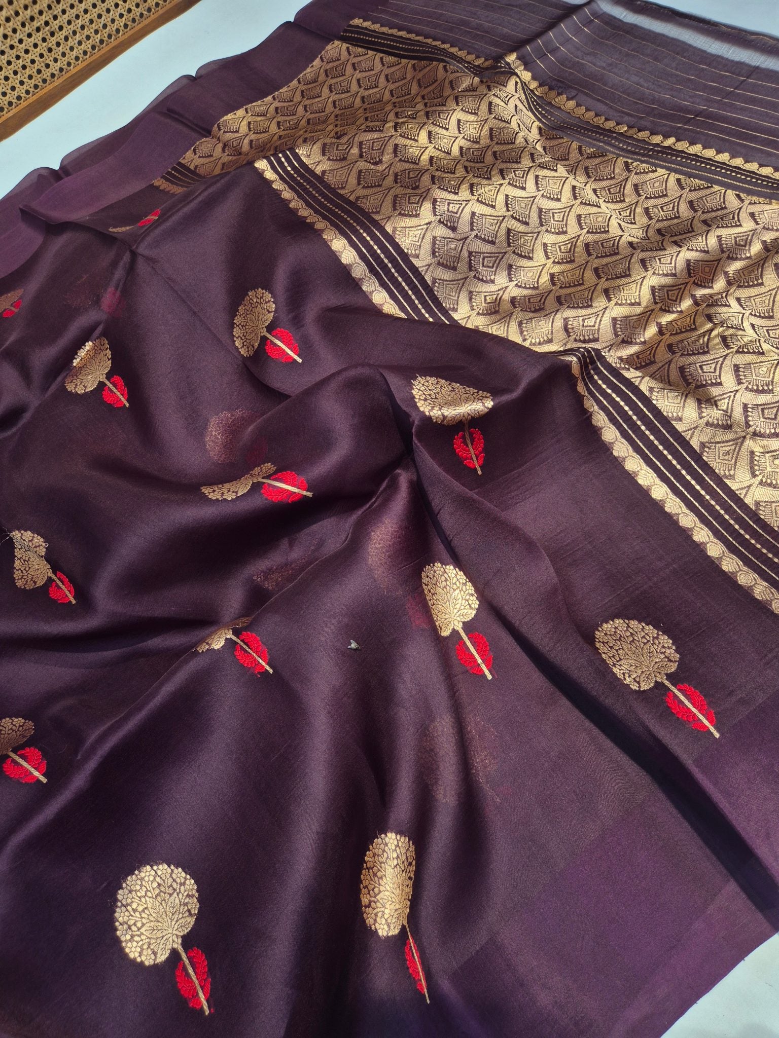 Wine Kora Silk Banarasi saree front drape view