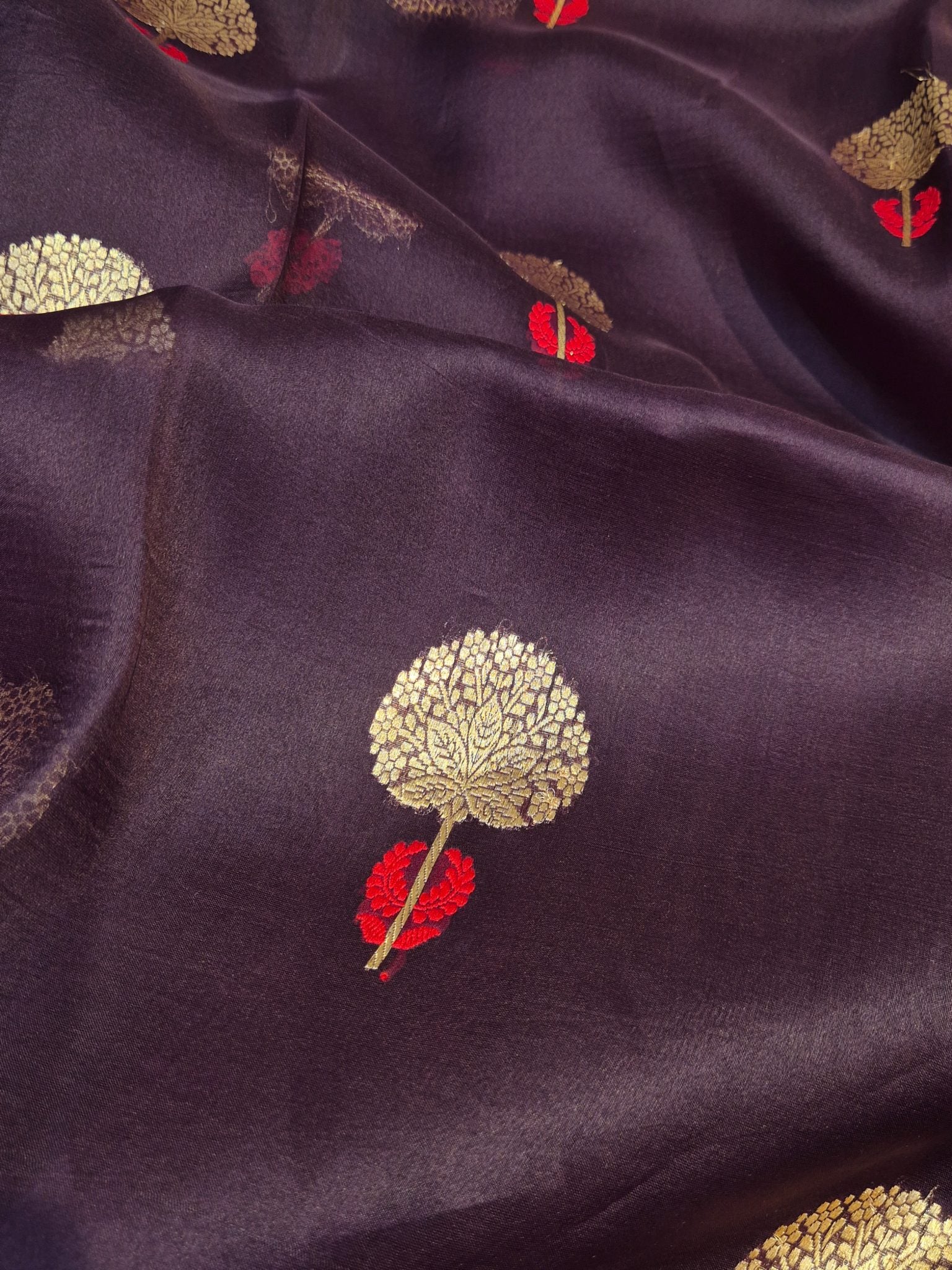 Wine Kora Silk Banarasi saree full spread