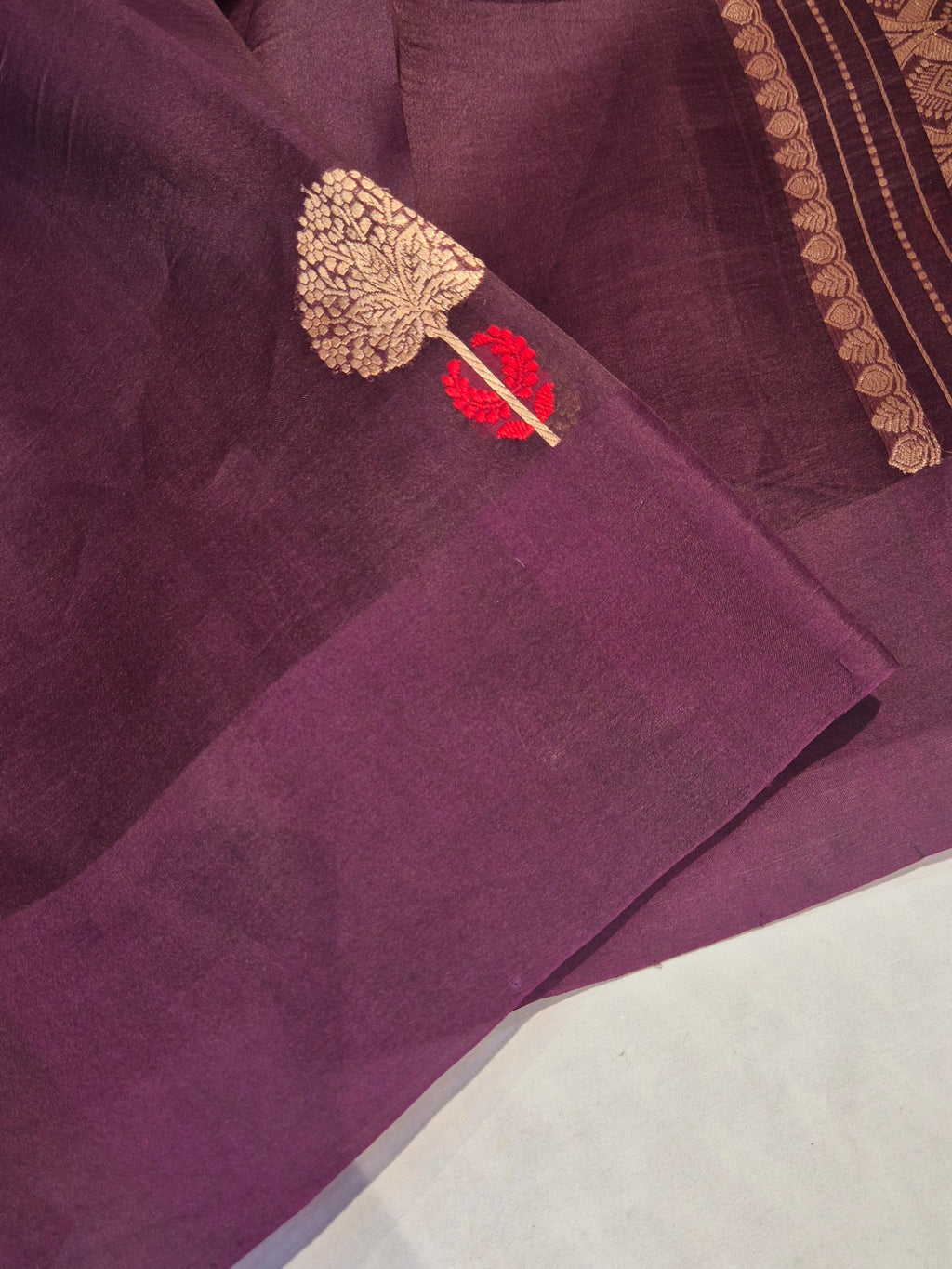 Wine Kora Silk Banarasi saree texture detail