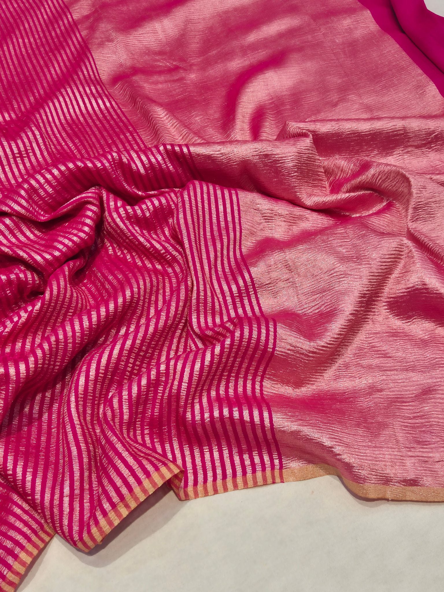 Pink Moonga Silk Banarasi saree front drape view