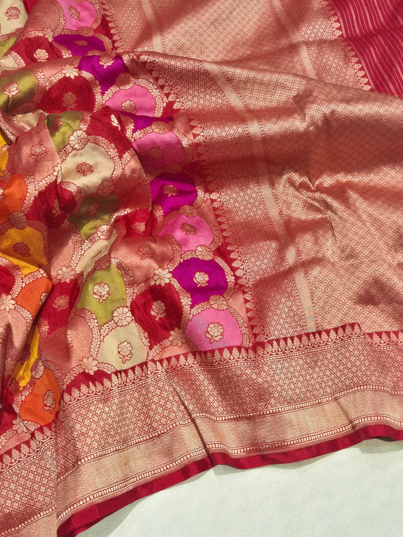 Red Katan Silk Banarasi saree front drape view
