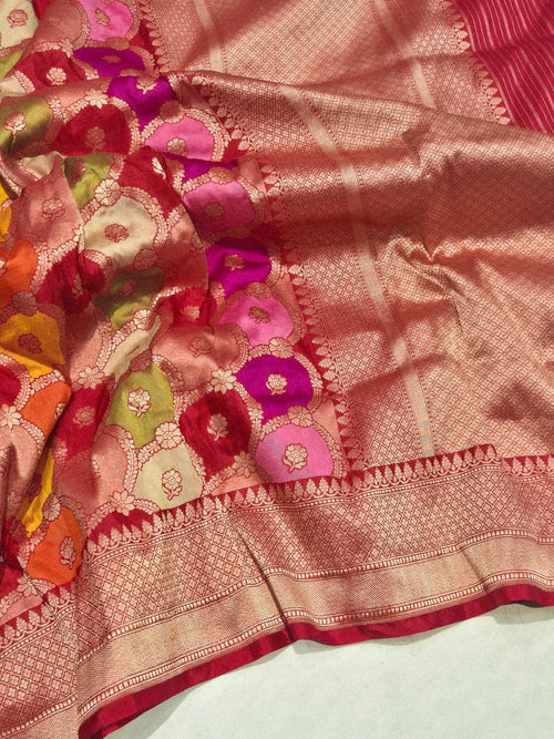 Red Katan Silk Banarasi saree front drape view