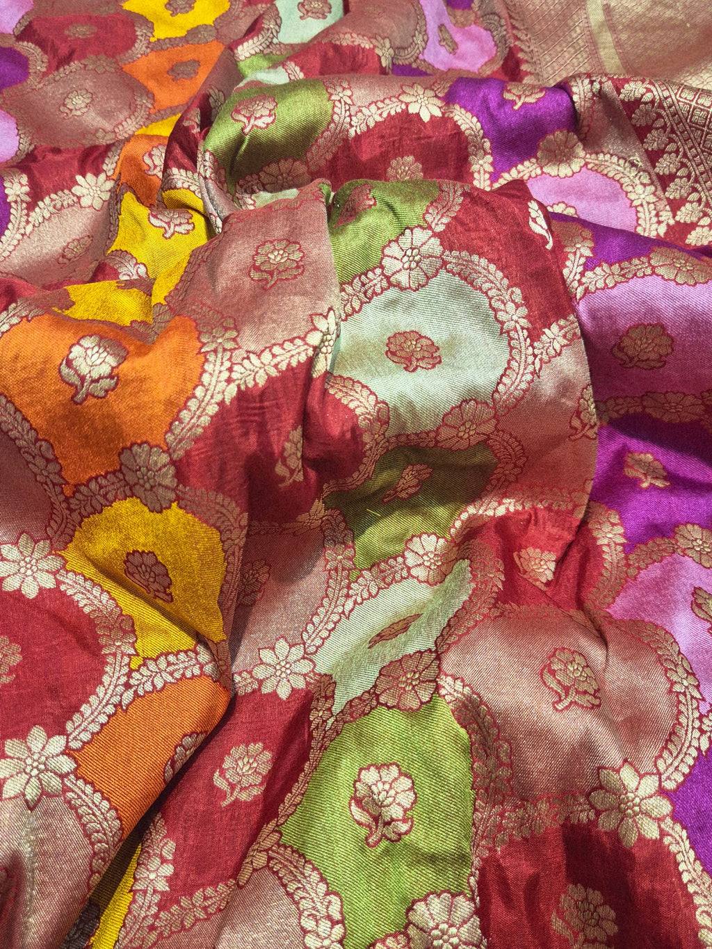 Red Katan Silk Banarasi saree border closeup
