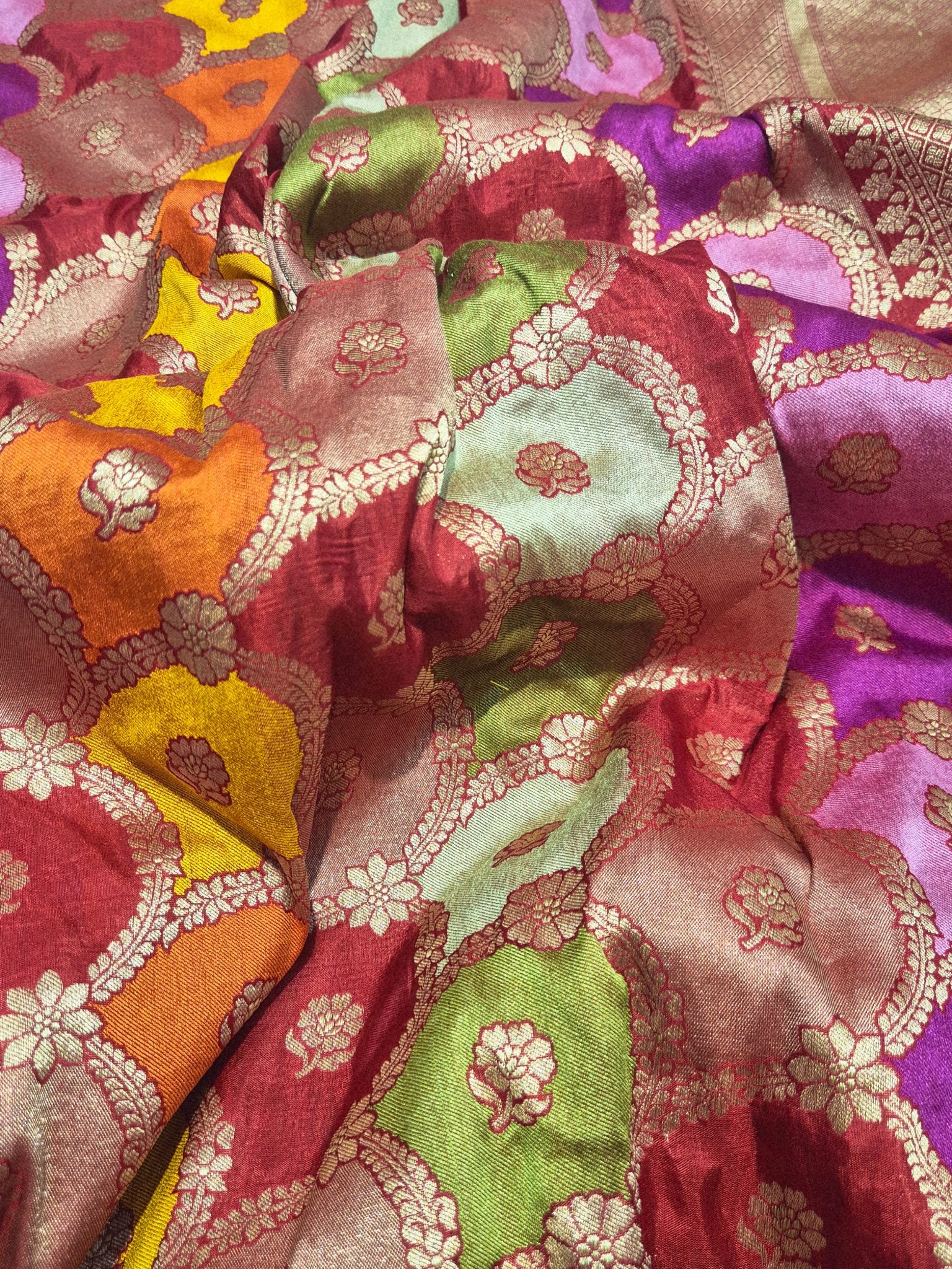Red Katan Silk Banarasi saree border closeup