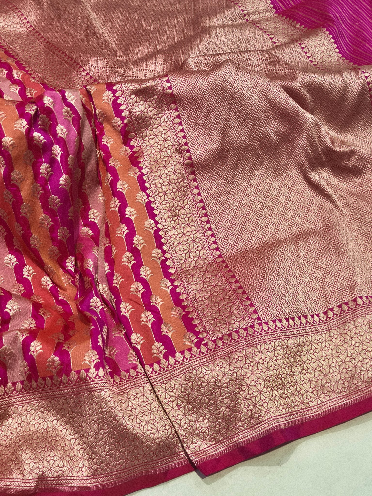 Pink Katan Silk Banarasi saree front drape view