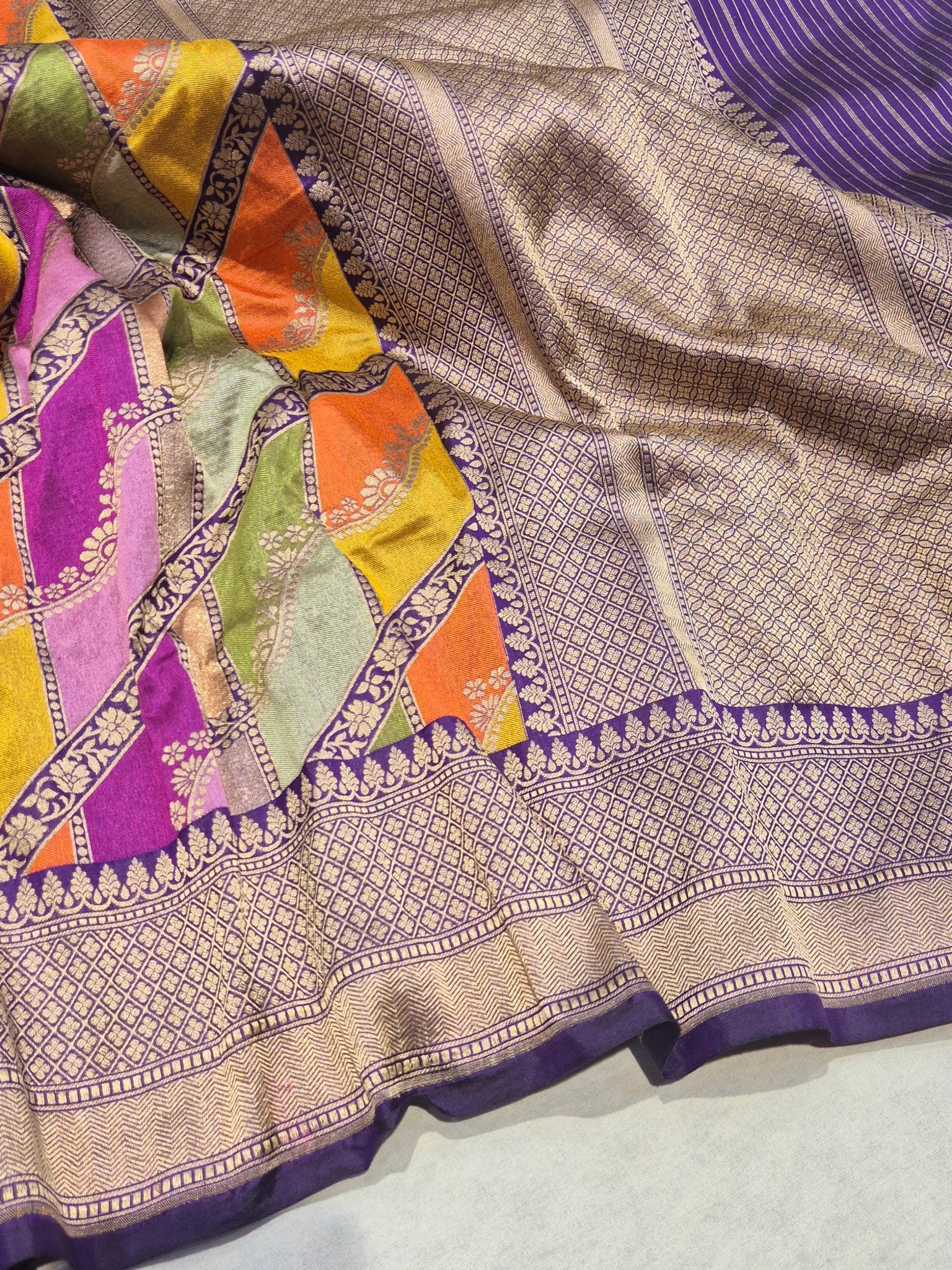 Purple Katan Silk Banarasi saree front drape view