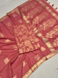 Cherry Peach Pink Cotton Banarasi suit front drape view