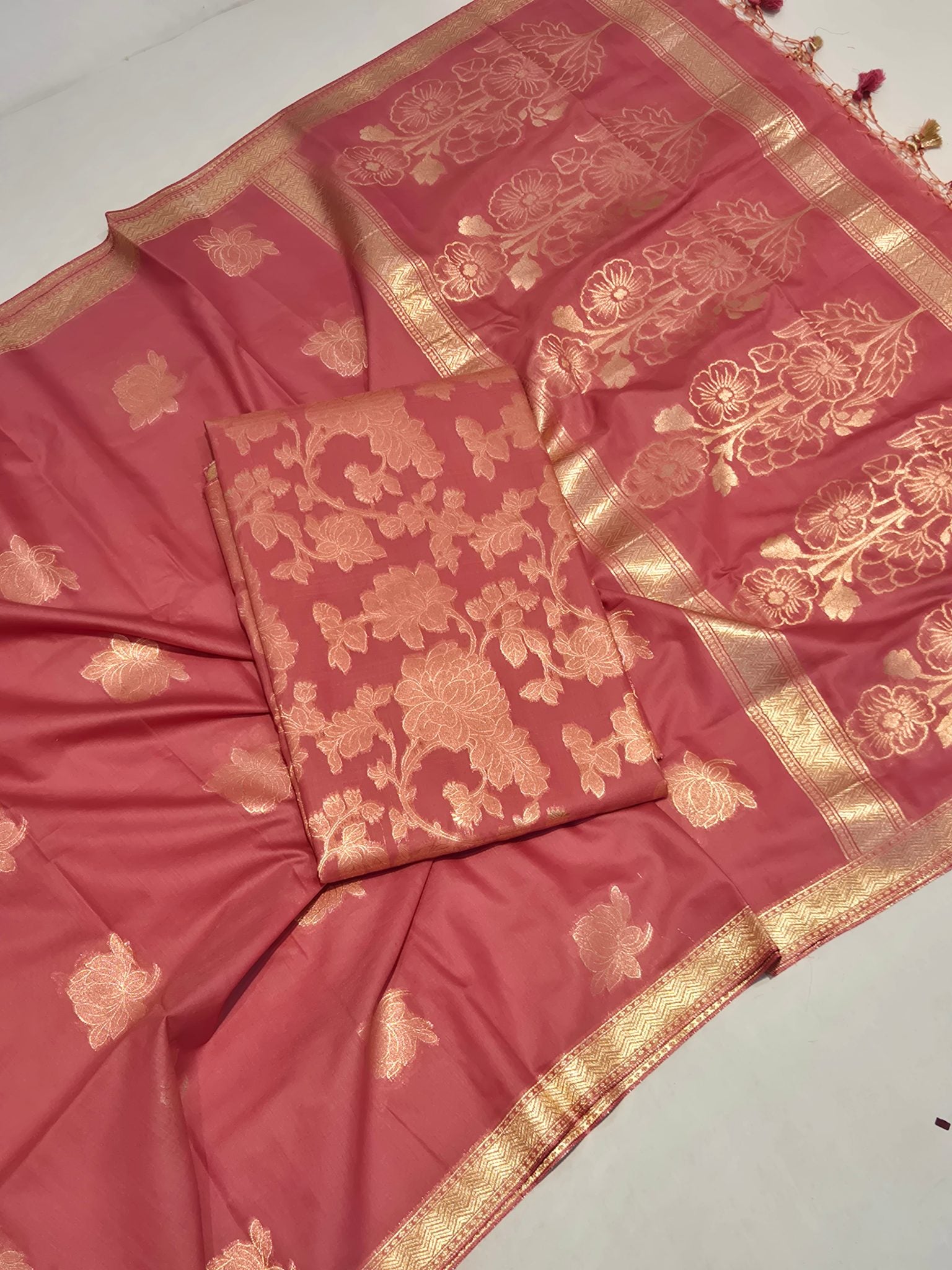 Cherry Peach Pink Cotton Banarasi suit front drape view
