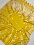 Lime Yellow Cotton Banarasi suit front drape view