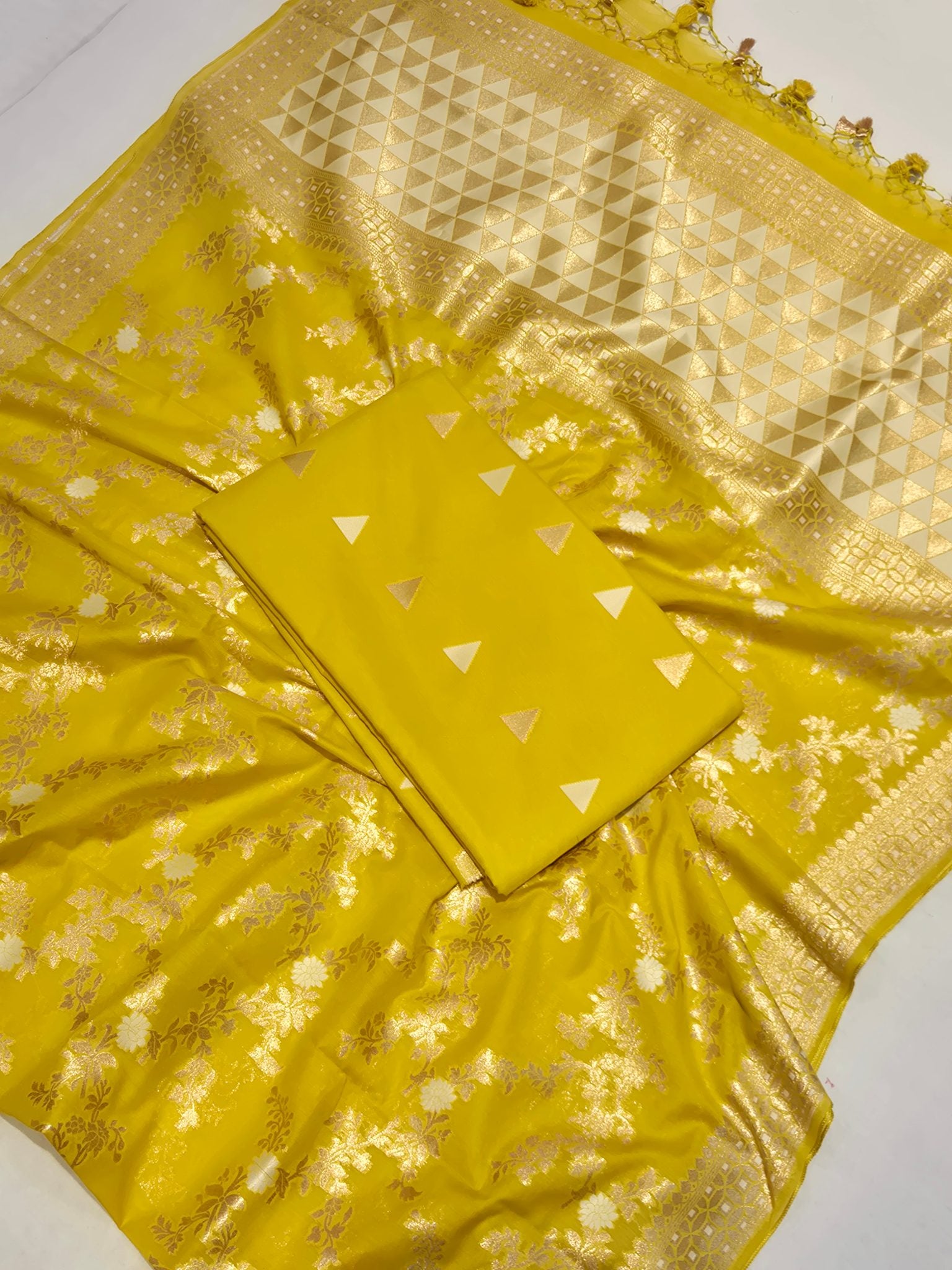 Lime Yellow Cotton Banarasi suit front drape view