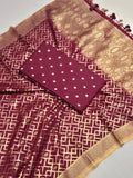 Maroon Pure Cotton Banarasi suit front drape view