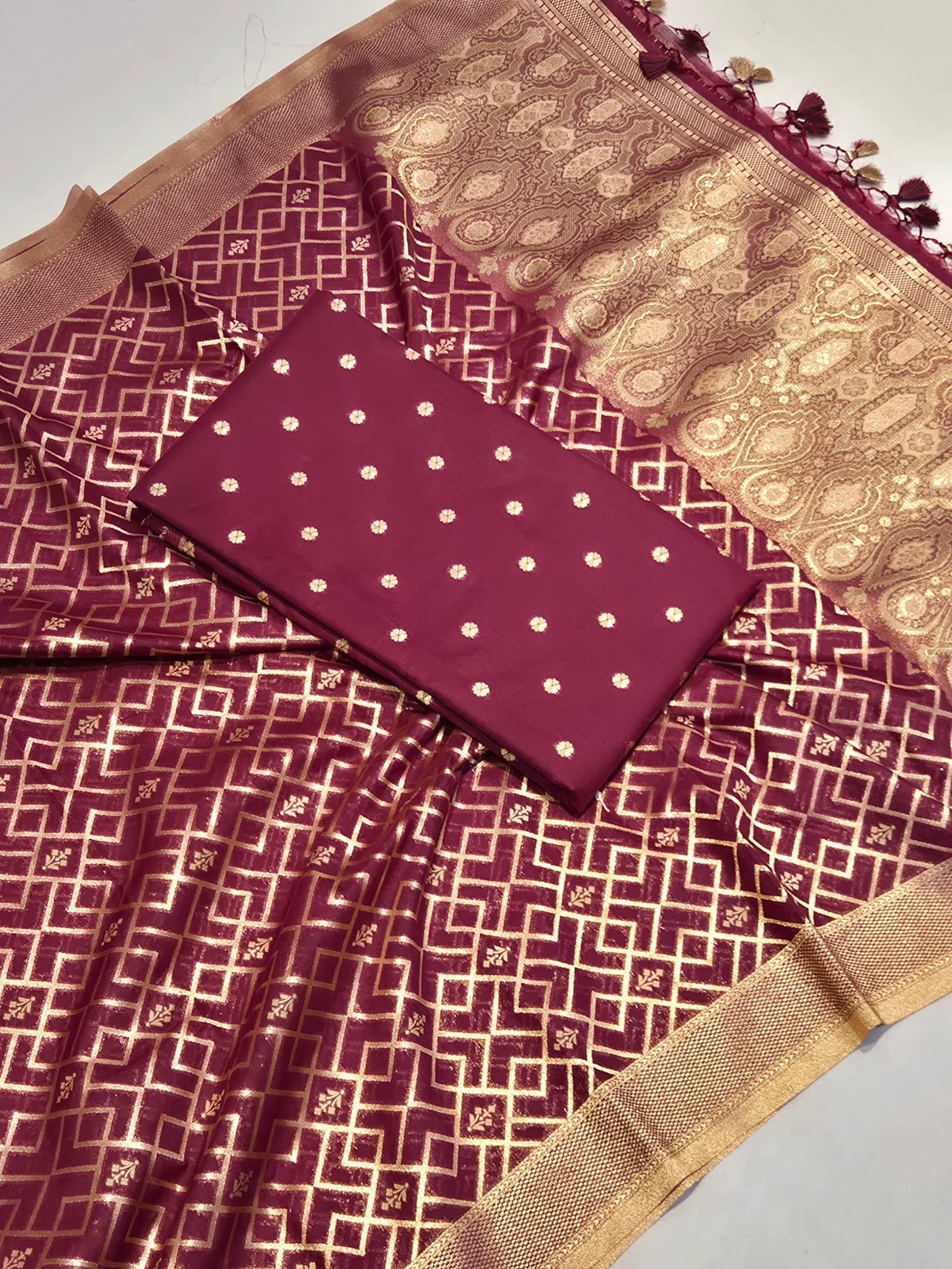 Maroon Pure Cotton Banarasi suit front drape view