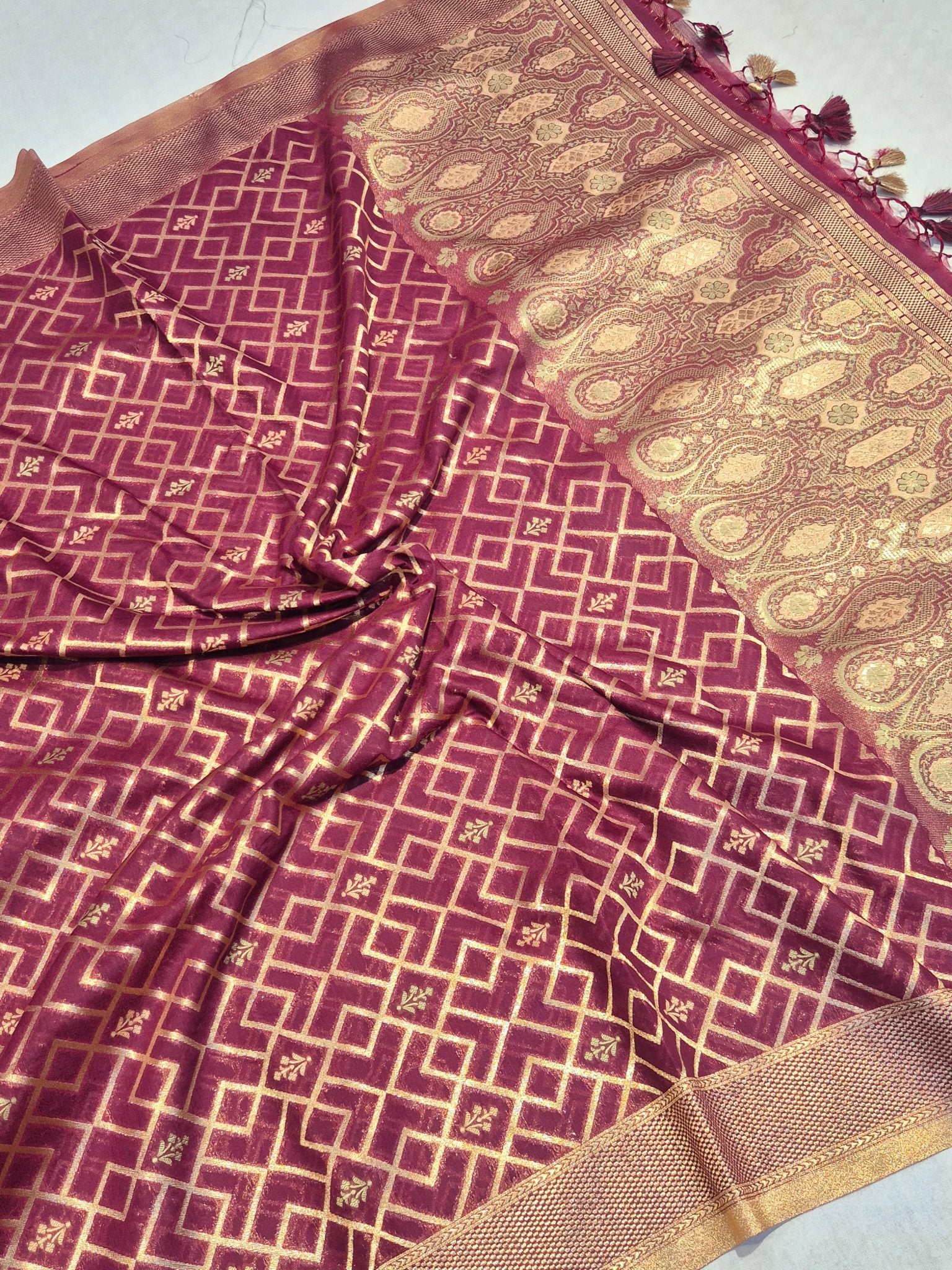 Maroon Pure Cotton Banarasi suit neckline detail