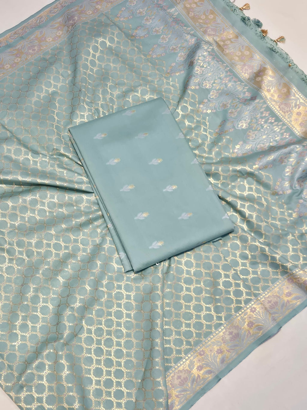 Ice Blue Pure Cotton Banarasi suit front drape view