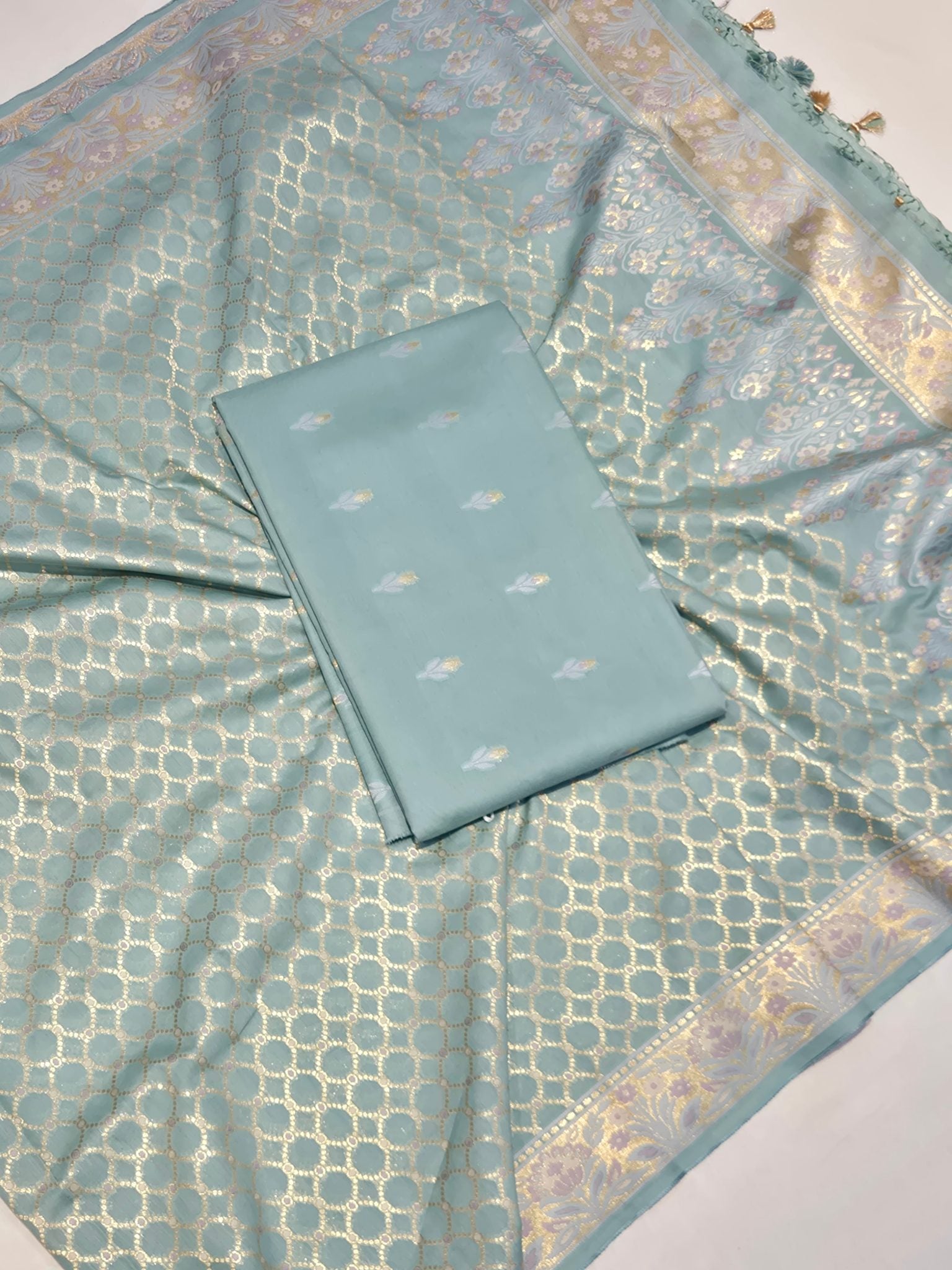 Ice Blue Pure Cotton Banarasi suit front drape view