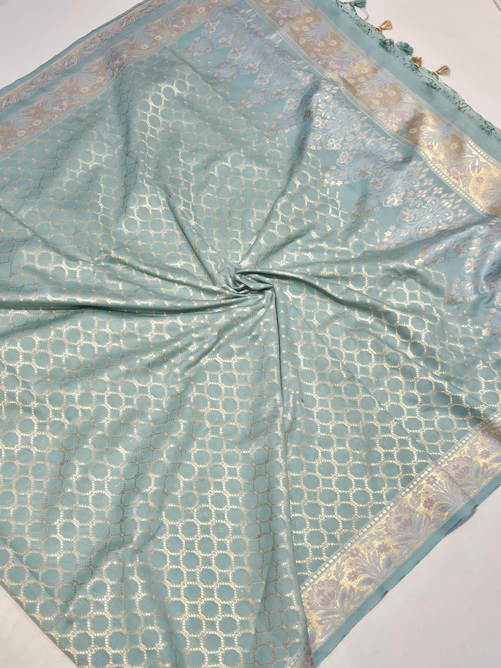 Ice Blue Pure Cotton Banarasi suit neckline detail
