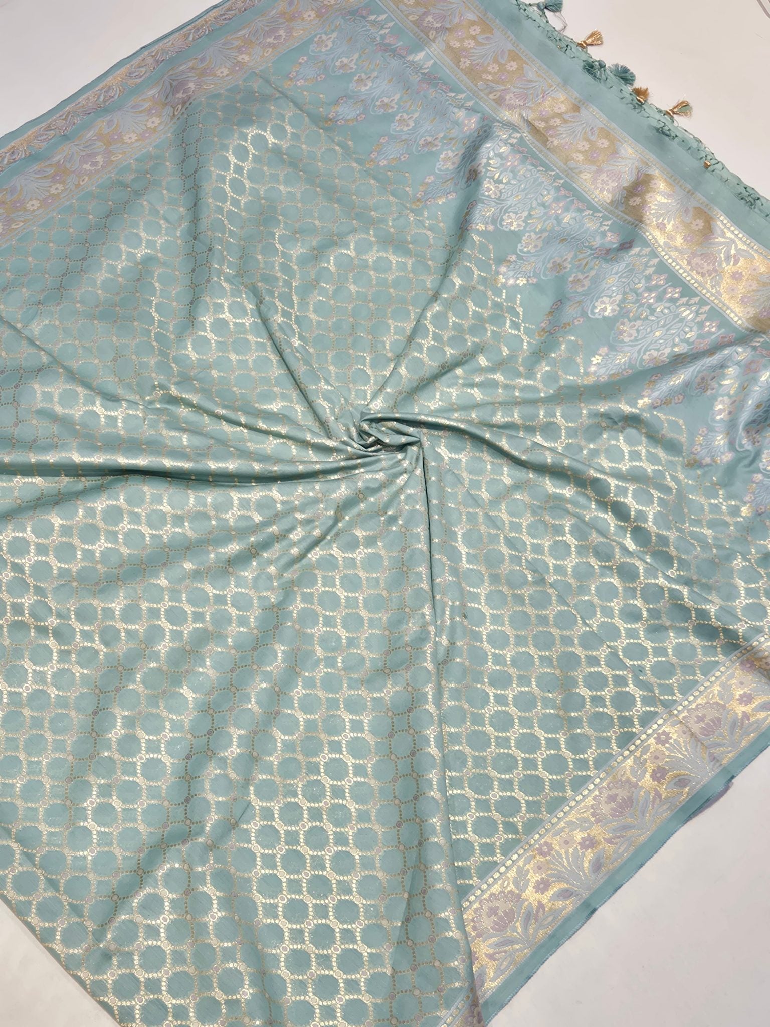 Ice Blue Pure Cotton Banarasi suit neckline detail