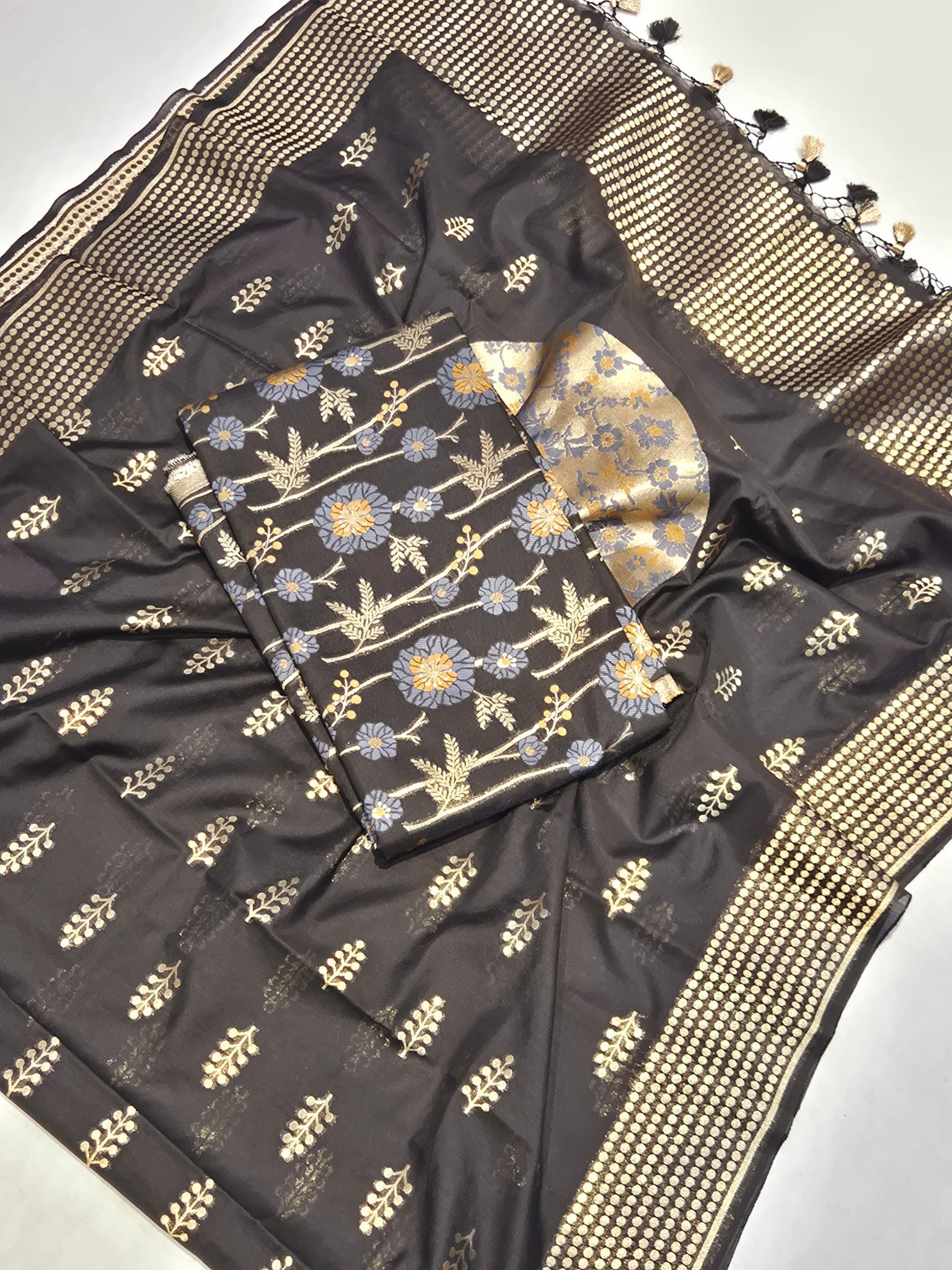 Black Pure Cotton Banarasi suit front drape view