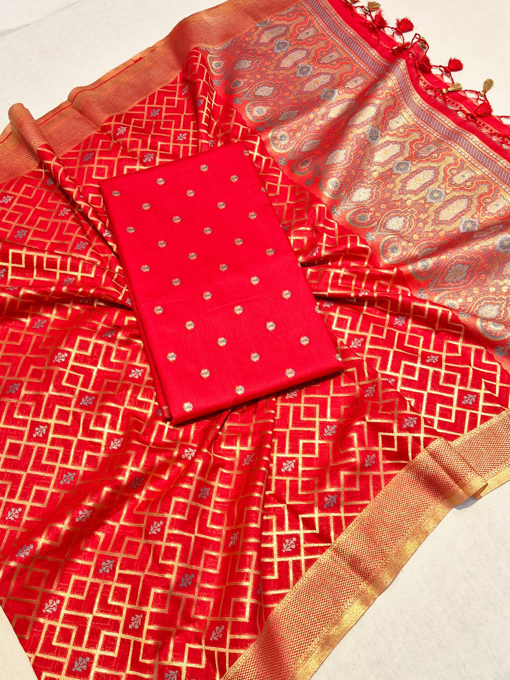 Red Pure Cotton Banarasi suit front drape view