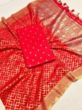 Red Pure Cotton Banarasi suit front drape view