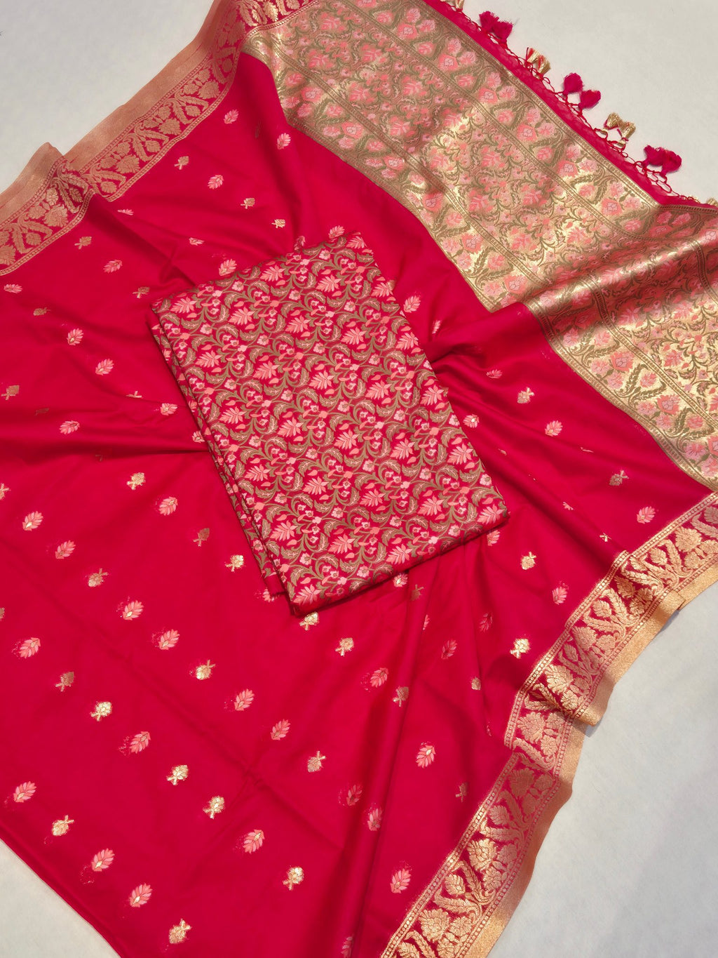 Cherry Pink Pure Cotton Banarasi suit front drape view