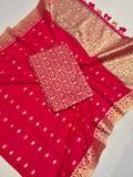 Cherry Pink Pure Cotton Banarasi suit front drape view