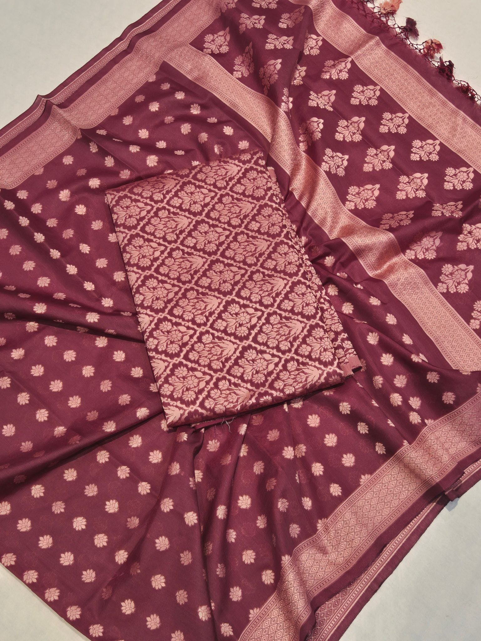 Wine Pure Cotton Banarasi suit front drape view