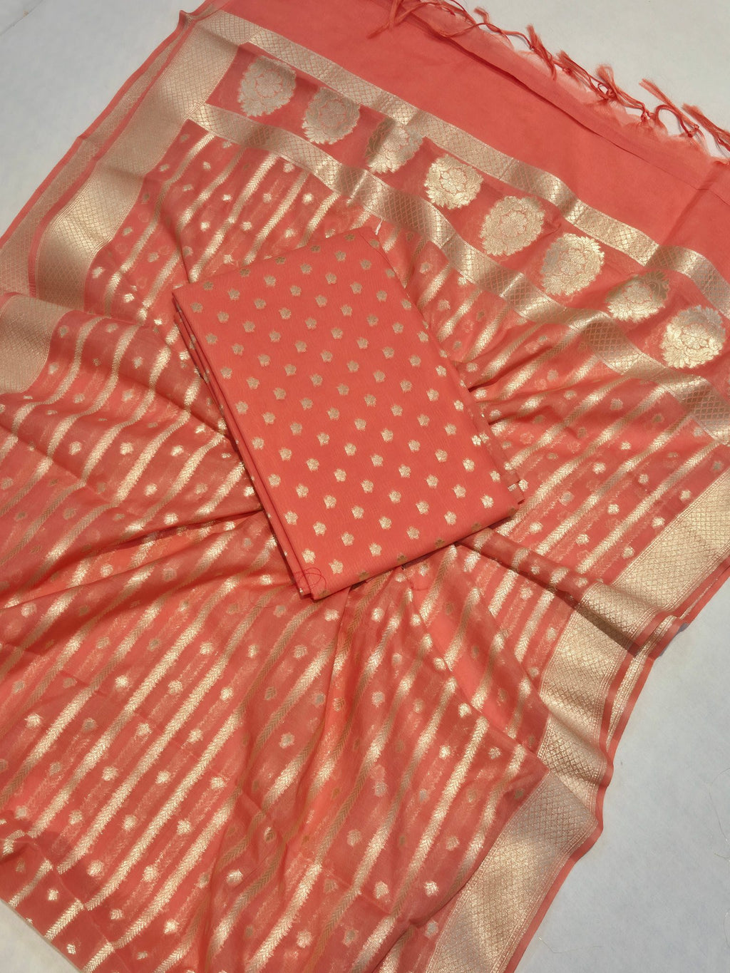Peach Pure Cotton Banarasi suit front drape view