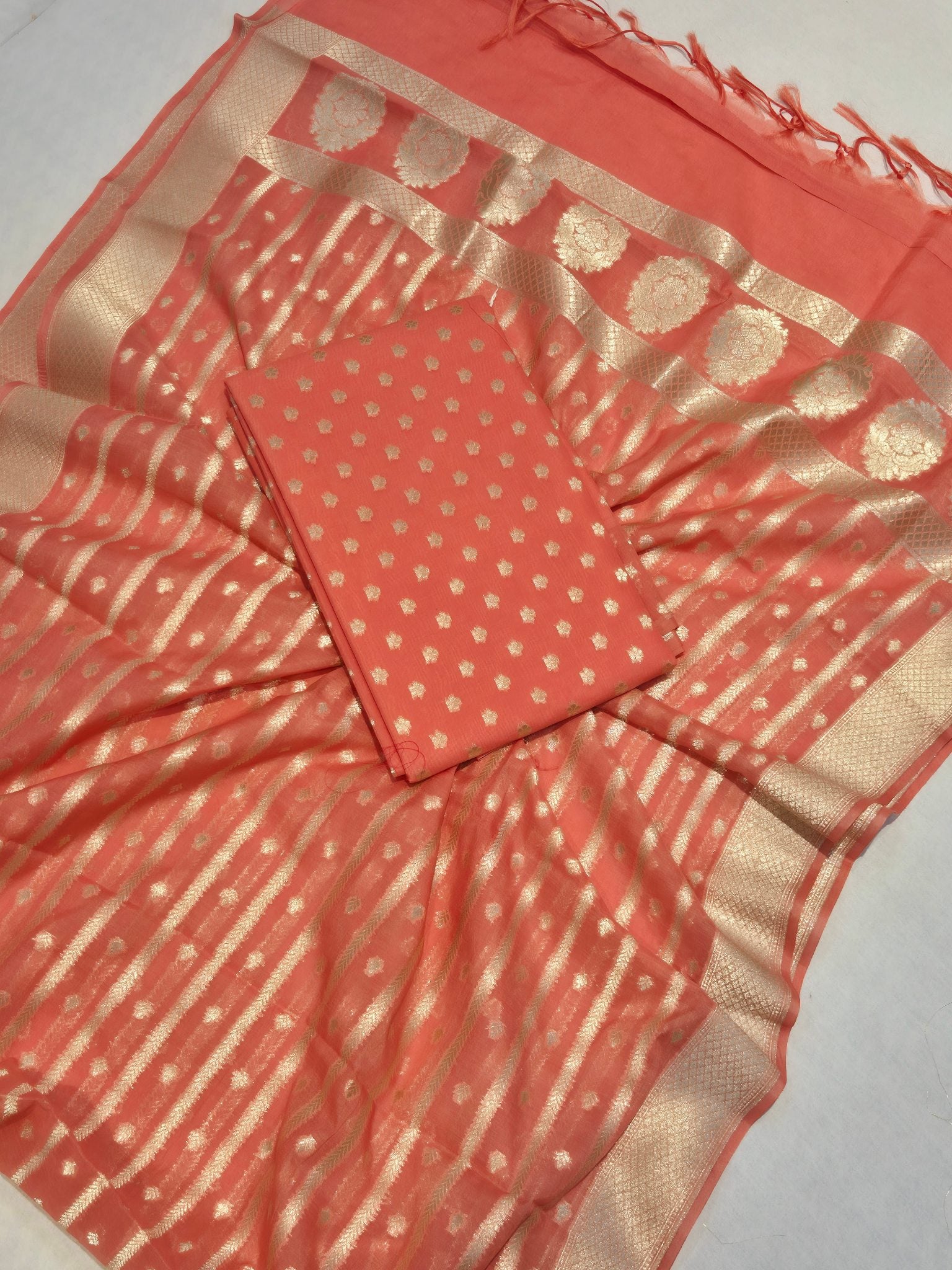 Peach Pure Cotton Banarasi suit front drape view