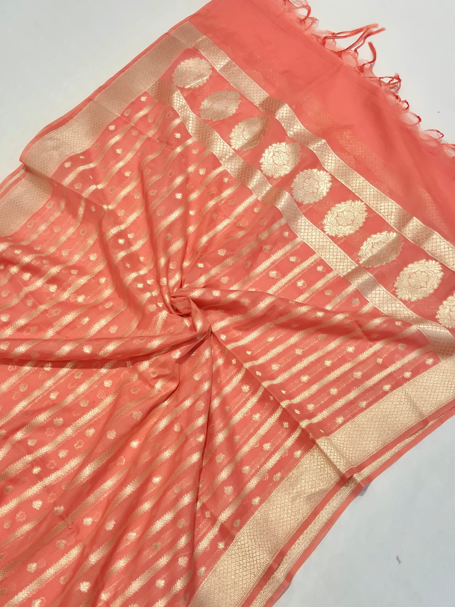 Peach Pure Cotton Banarasi suit neckline detail