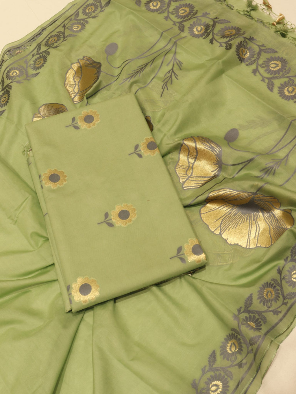 Green Pure Cotton Banarasi suit front drape view