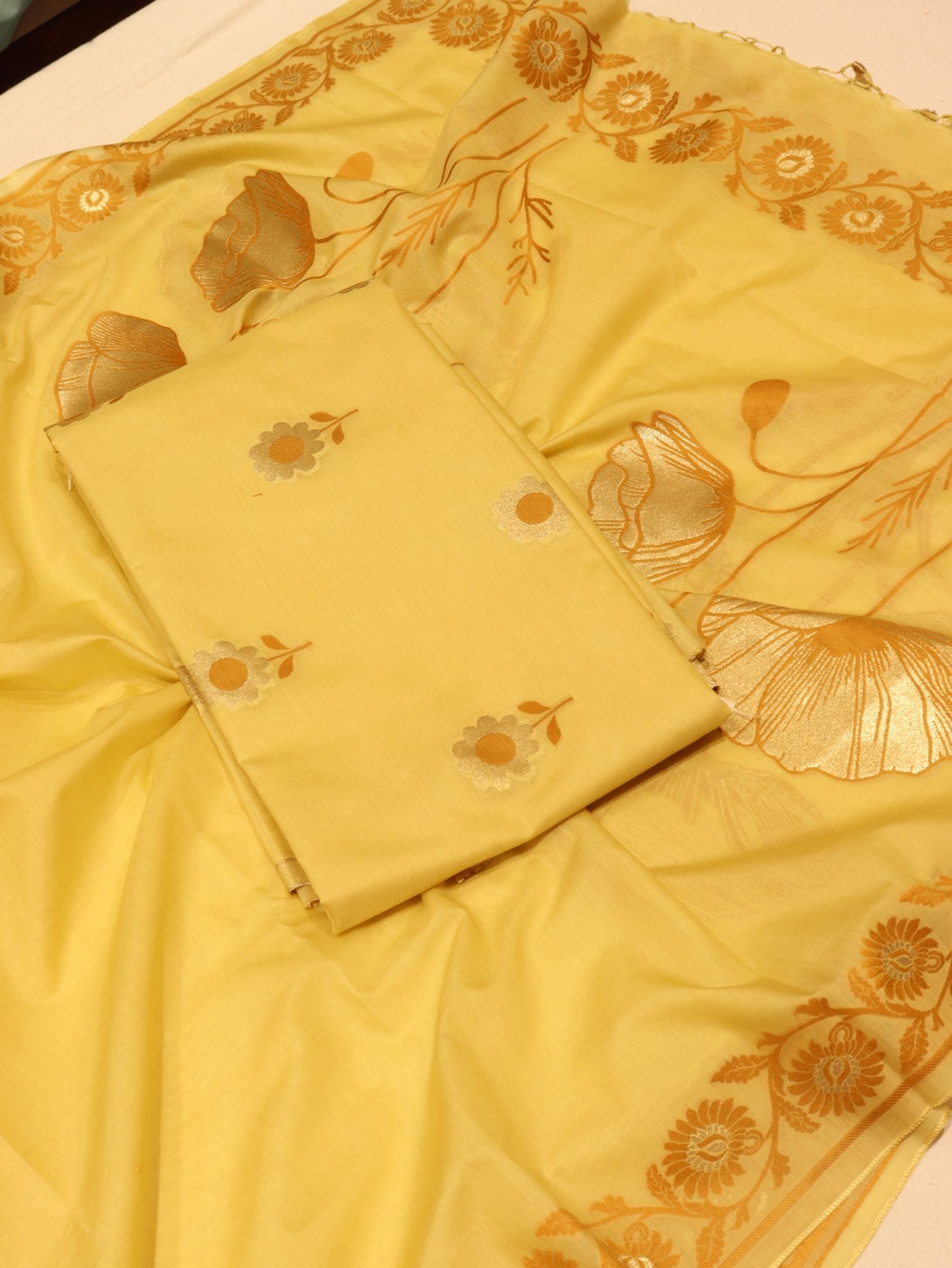 Yellow Pure Cotton Banarasi suit front drape view