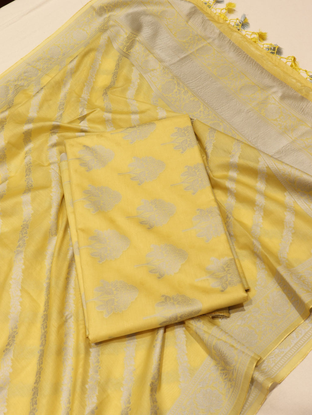 Yellow Pure Cotton Banarasi suit front drape view