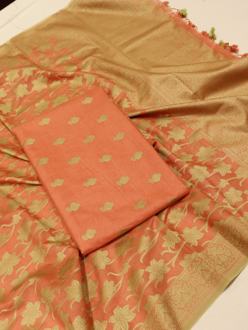 Orange Pure Cotton Banarasi suit front drape view