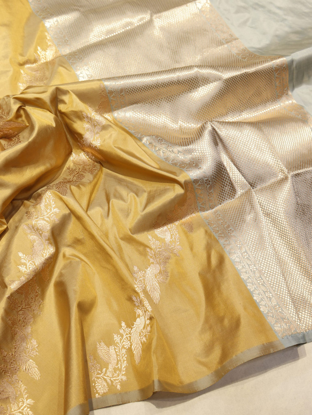 Camel Katan Silk Banarasi saree front drape view