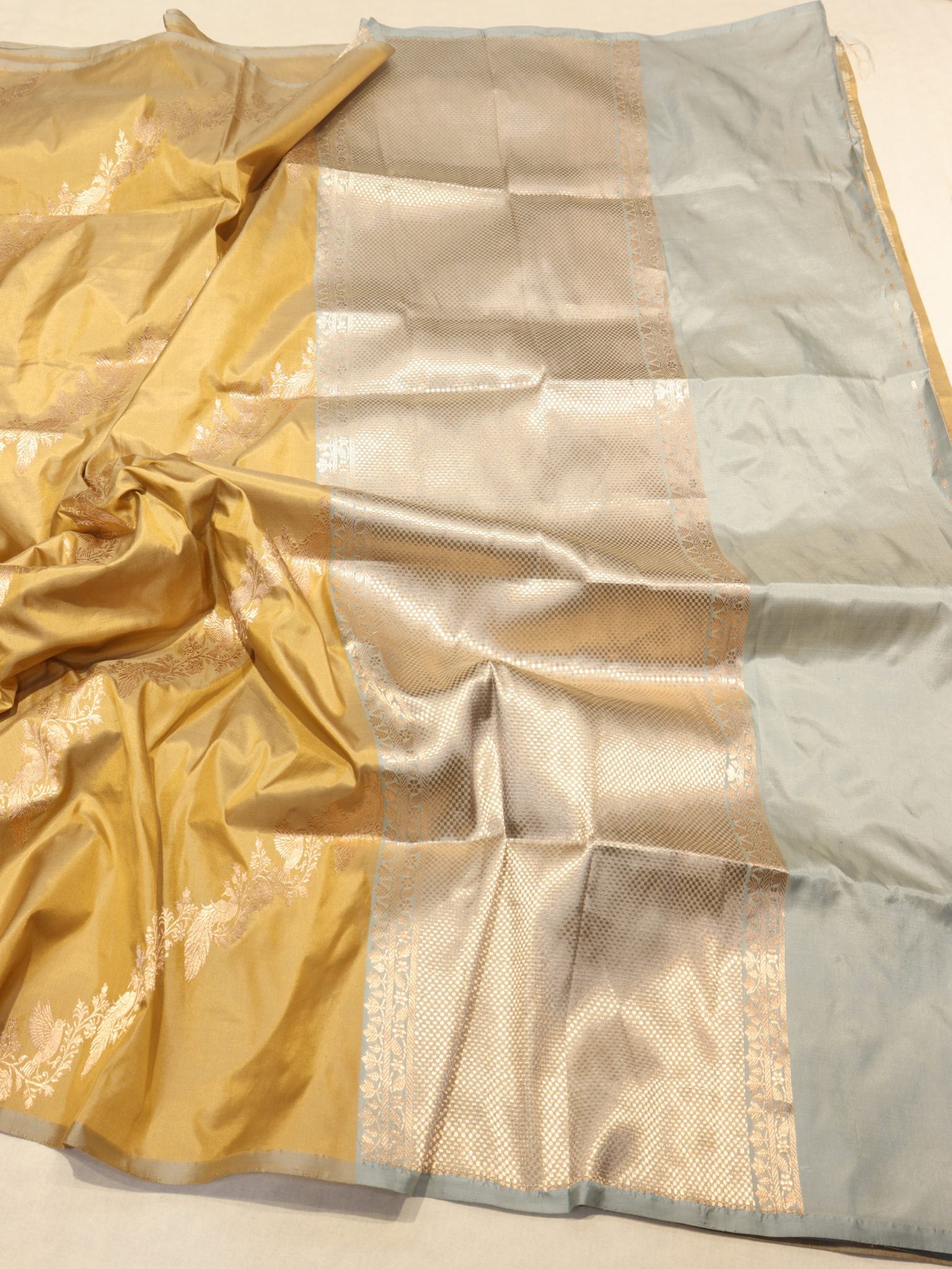 Camel Katan Silk Banarasi saree full spread