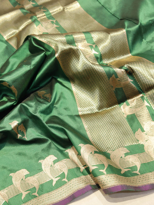 Green Katan Silk Banarasi saree front drape view