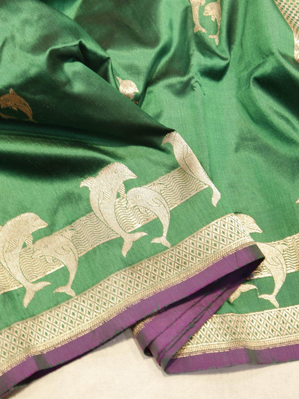 Green Katan Silk Banarasi saree border closeup