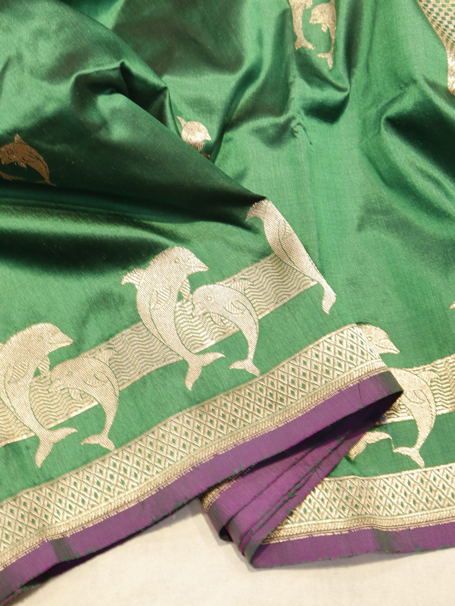 Green Katan Silk Banarasi saree border closeup