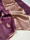 Plum Maroon Kora Silk Banarasi saree front drape view