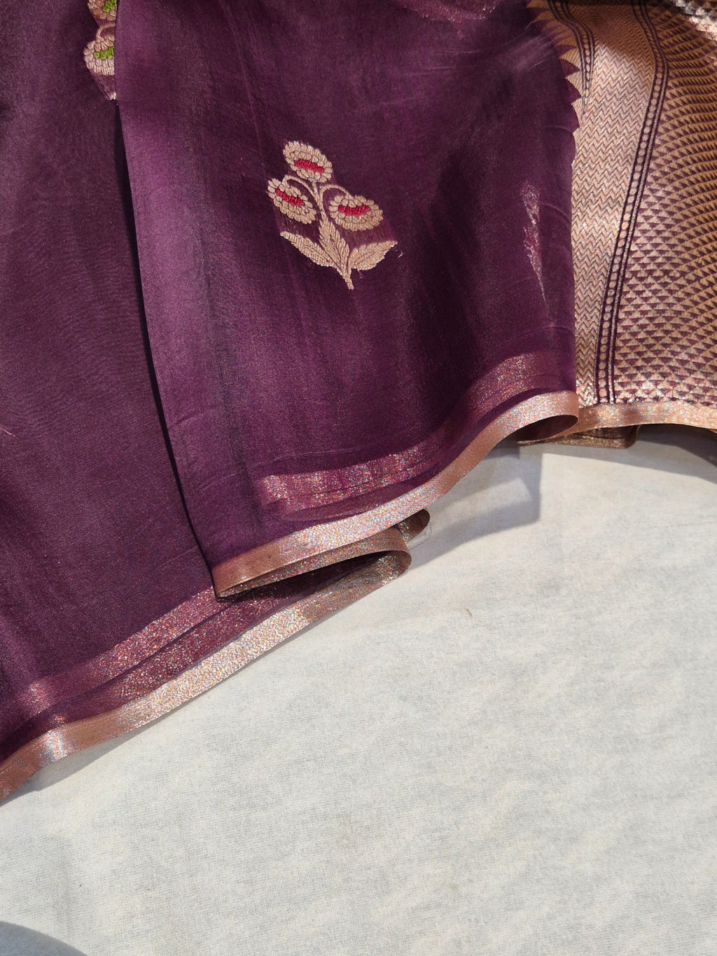 Plum Maroon Kora Silk Banarasi saree blouse piece